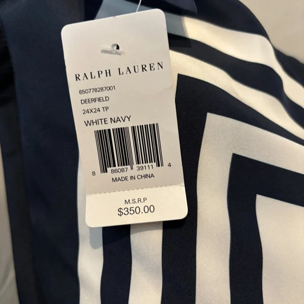 NWT Ralph Lauren 100% Silk Deerfield Pillow Cover White Navy Border 24x24‎ 2 Set